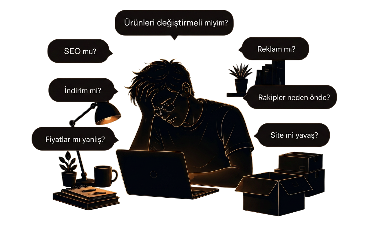 Bilgisayarının başında yorgun bir e-ticaret işletmecisi